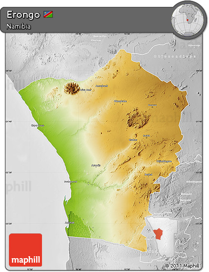 Physical Map of Erongo, lighten, desaturated
