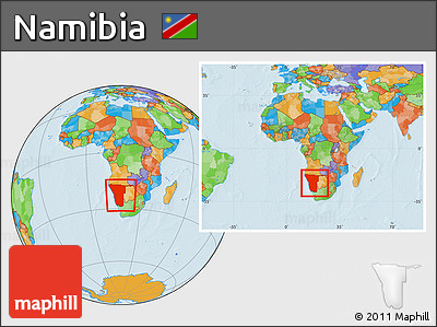 Political Location Map of Namibia, within the entire continent