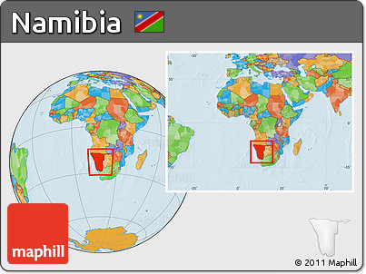 Political Location Map of Namibia, within the entire continent