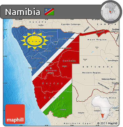 Flag Map of Namibia, shaded relief outside, bathymetry sea, flag rotated