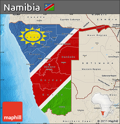 Flag Map of Namibia, shaded relief outside, bathymetry sea, flag rotated