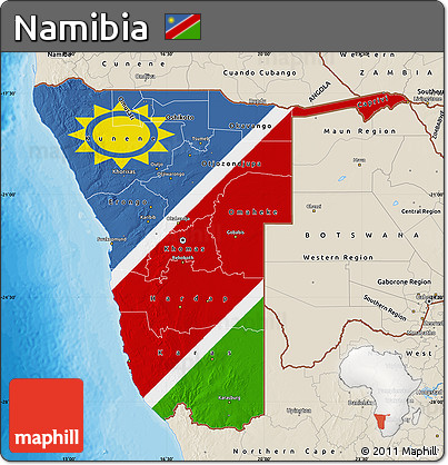 Flag Map of Namibia, shaded relief outside, bathymetry sea, flag rotated