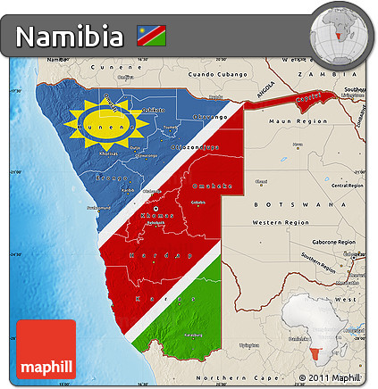 Flag Map of Namibia, shaded relief outside, flag rotated