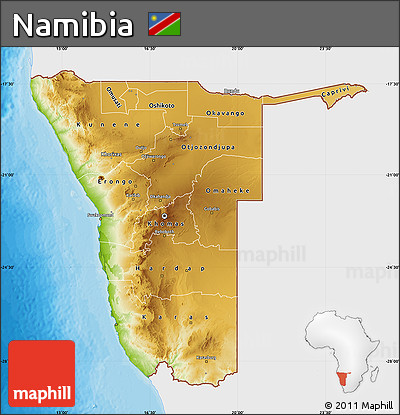 Physical Map of Namibia, single color outside, bathymetry sea, shaded relief sea