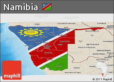 Flag Panoramic Map of Namibia, shaded relief outside, flag rotated