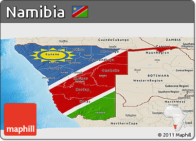 Flag Panoramic Map of Namibia, shaded relief outside, flag rotated