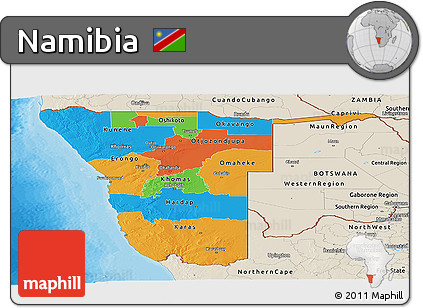 Political Panoramic Map of Namibia, shaded relief outside, bathymetry sea
