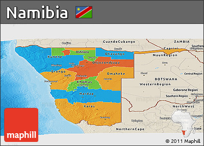 Political Panoramic Map of Namibia, shaded relief outside, bathymetry sea
