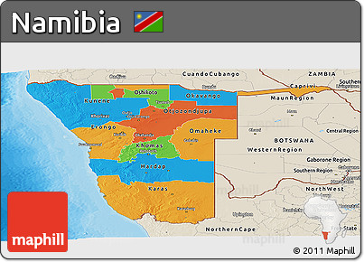 Political Panoramic Map of Namibia, shaded relief outside, bathymetry sea