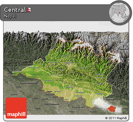 Satellite 3D Map of Central, darken, semi-desaturated