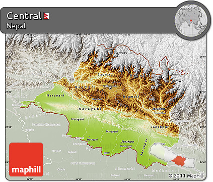 Physical Map of Central, lighten, semi-desaturated