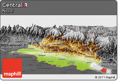 Physical Panoramic Map of Central, darken, desaturated