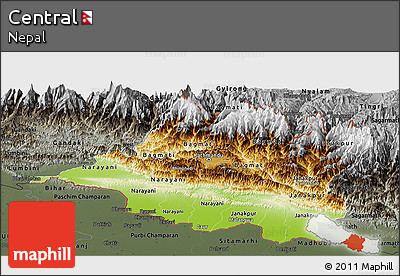 Physical Panoramic Map of Central, darken, semi-desaturated