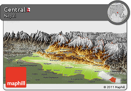 Physical Panoramic Map of Central, darken, semi-desaturated