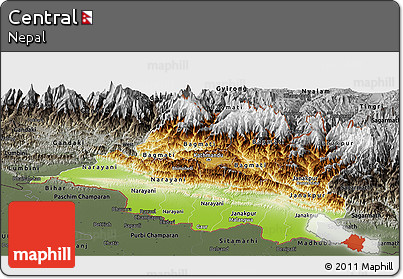 Physical Panoramic Map of Central, darken, semi-desaturated