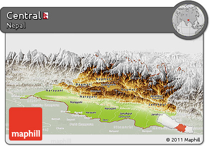Physical Panoramic Map of Central, lighten, semi-desaturated