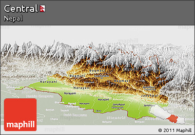 Physical Panoramic Map of Central, lighten, semi-desaturated