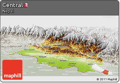 Physical Panoramic Map of Central, lighten, semi-desaturated