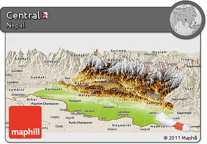 Physical Panoramic Map of Central, shaded relief outside