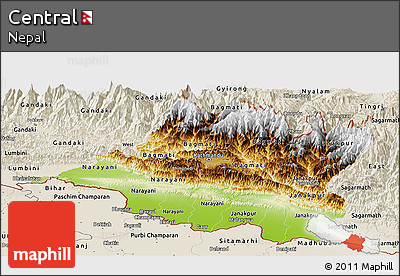 Physical Panoramic Map of Central, shaded relief outside