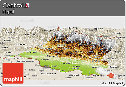 Physical Panoramic Map of Central, shaded relief outside