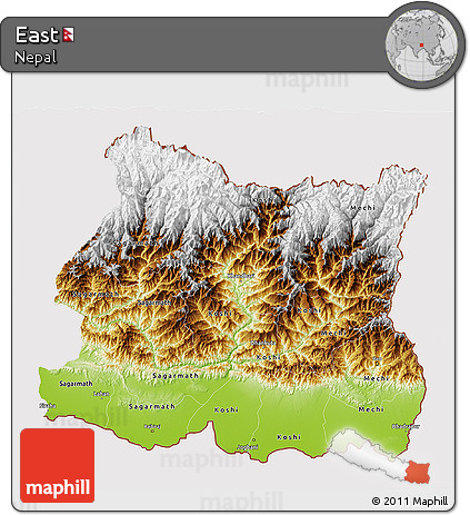 Physical 3D Map of East, cropped outside