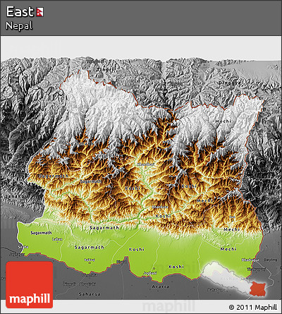 Physical 3D Map of East, darken, desaturated