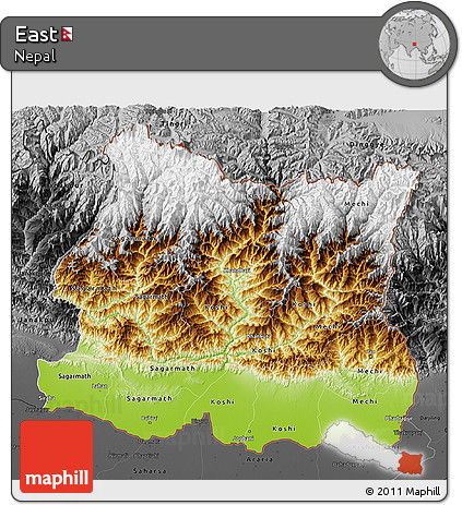 Physical 3D Map of East, darken, desaturated