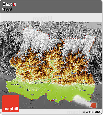 Physical 3D Map of East, darken, desaturated