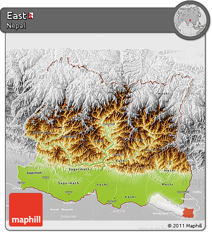 Physical 3D Map of East, lighten, desaturated