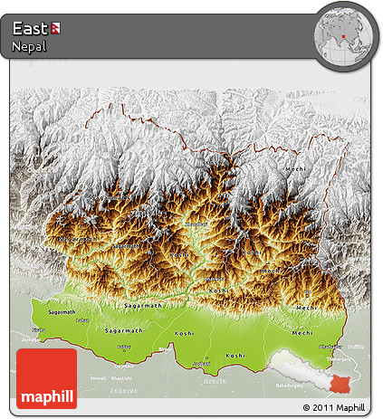 Physical 3D Map of East, lighten, semi-desaturated