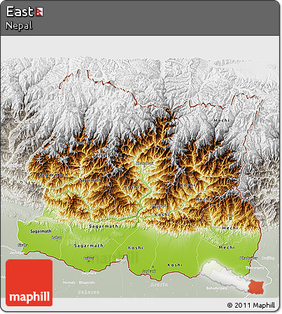 Physical 3D Map of East, lighten, semi-desaturated