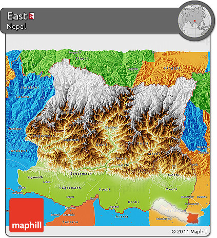 Physical 3D Map of East, political outside