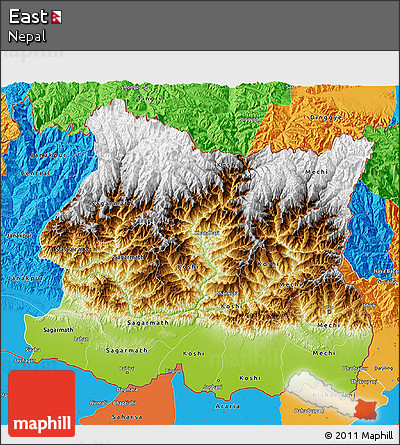 Physical 3D Map of East, political outside