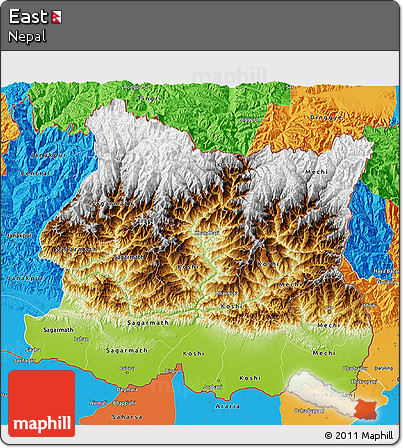 Physical 3D Map of East, political outside
