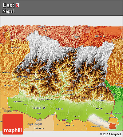 Physical 3D Map of East, political shades outside