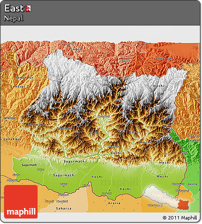 Physical 3D Map of East, political shades outside