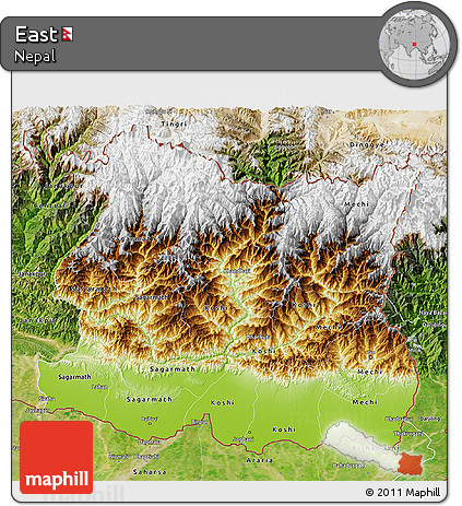 Physical 3D Map of East, satellite outside