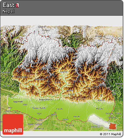 Physical 3D Map of East, satellite outside