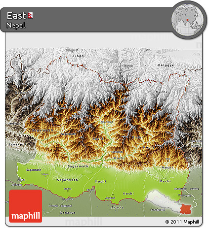 Physical 3D Map of East, semi-desaturated