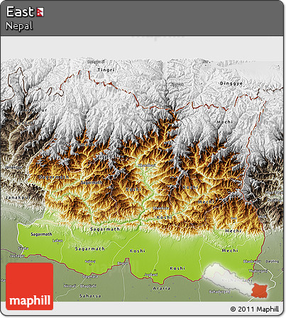 Physical 3D Map of East, semi-desaturated