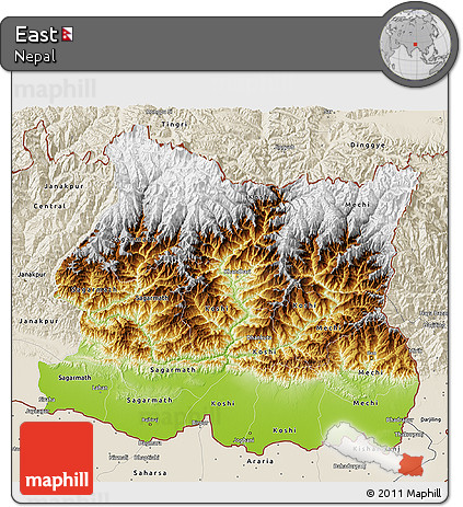 Physical 3D Map of East, shaded relief outside