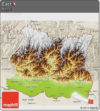 Physical 3D Map of East, shaded relief outside