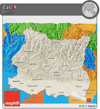 Shaded Relief 3D Map of East, political outside