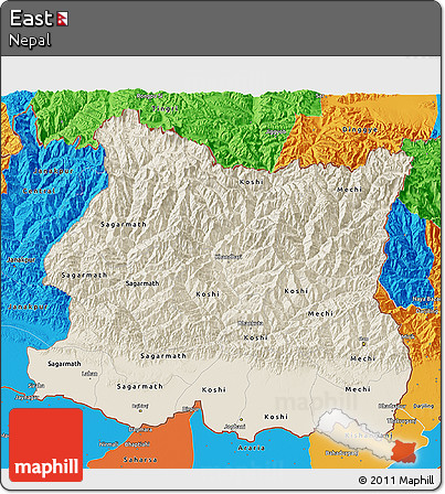 Shaded Relief 3D Map of East, political outside