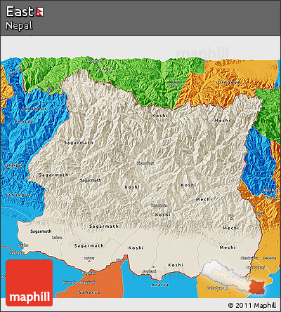 Shaded Relief 3D Map of East, political outside