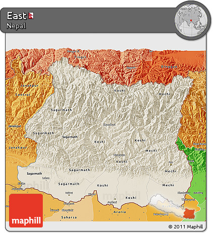 Shaded Relief 3D Map of East, political shades outside
