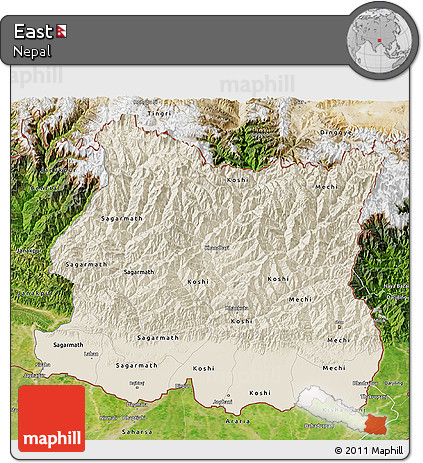 Shaded Relief 3D Map of East, satellite outside