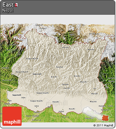 Shaded Relief 3D Map of East, satellite outside