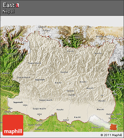 Shaded Relief 3D Map of East, satellite outside
